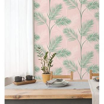 Papel pintado de palmeras verde y rosa palo