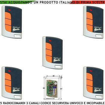 Radiocomando Securvera 5 Pezzi 433,92 MHz 3 Canali 1 mW 60/100 mt Codice Rolling C.66 Bit
