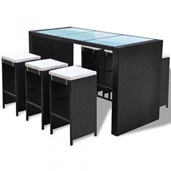 Mobiliario Patio Terraza: Mesa y 6 Sillas Altas con Cojines de Poli Rattan Negro