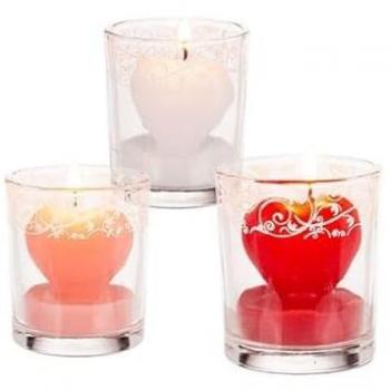 Set di 2 candele decorative a forma di cuore in vetro