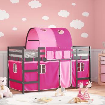 Lit mezzanine enfants avec tunnel rose 90x190 cm en bois de pin massif