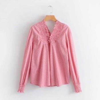 Camisa de Mujer con Cuello Oblicuo, Rayas de Invierno, Azul y Rojo