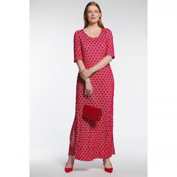 Abito lungo taglie forti, design grafico, scollo a girocollo, mezze maniche, Rosso, Viscosa/Poliestere, Taglia 60/62