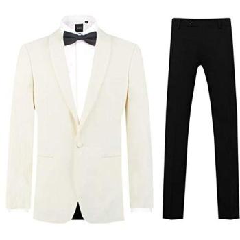 Dobell Men's Classic White Shawl Lapel Tuxedo – Cream Fabric, Black Trousers