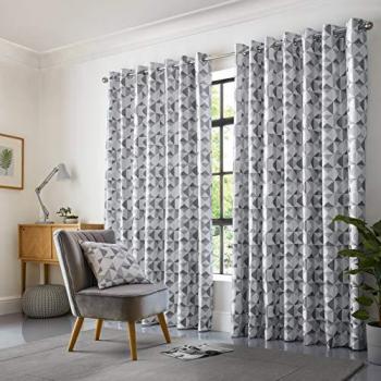 Skandi Silver Geometric Fully Lined Eyelet Curtains 46 x 54