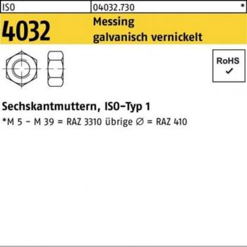 Sechskantmuttern Iso-Typ 1 ISO 4032 Messing Galvanisch vernickelt M10 (100 Pack)