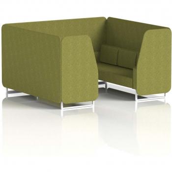 Brixworth 6‑Seater Meeting Booth – Rivet Fabric on White Legs, Olive Paneling & Sofa Seating