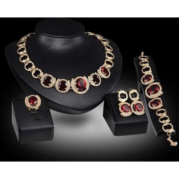 Juego de joyería de boda con colgante de circonita roja y verde, anillo y pendientes