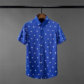 Camisa Azul de Hombre, Lunares, Casual, Manga Corta, Talla Grande 4XL