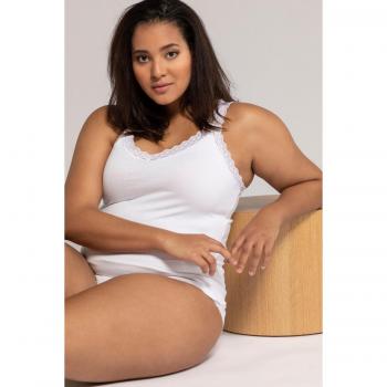 Canottiera elasticizzata con pizzo, scollo a V, bianco, taglia 48/50