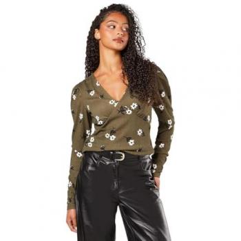 Womens Tall Khaki Floral V Neck Empire Long Sleeve Top