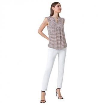 Frilled Red Denim Blouse with Geometric Print – UK 20 for Women
