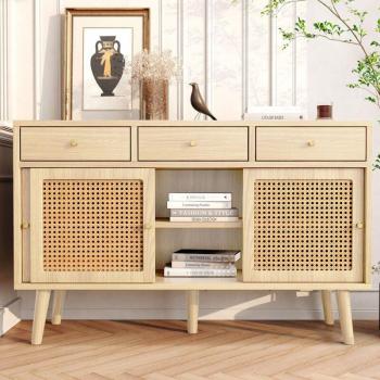 Wishdor Buffet multifonction – 3 tiroirs, 3 portes coulissantes, étagères réglables