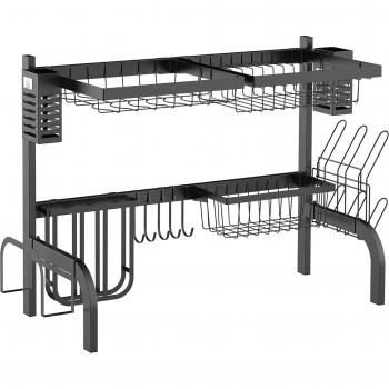 Escurreplatos de Acero de 2 Niveles para Fregadero con Diferentes Soportes y 5 Ganchos 65x31,5x52,5cm Negro
