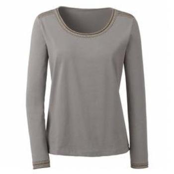T-shirt taupe brodé en coton-modal col rond manches longues 38