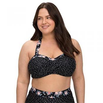 SHEEGO Bandeau-Bikini-Top Große Größen, Wickeloptik, Neckholder-Träger, schwarz gepunktet, Größe 54 C