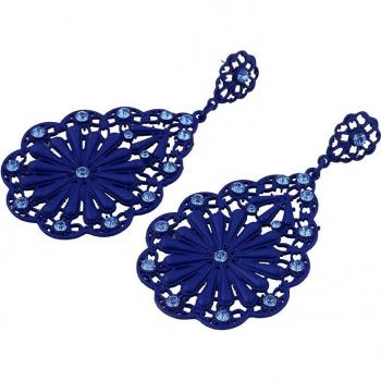 Long Red Flower Earrings with Blue Crystals