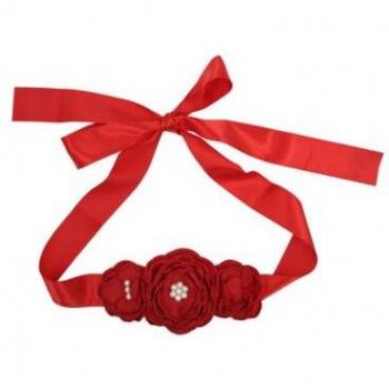 Children's Long Ribbon Hair Band with Three Pearls and Flower Accent