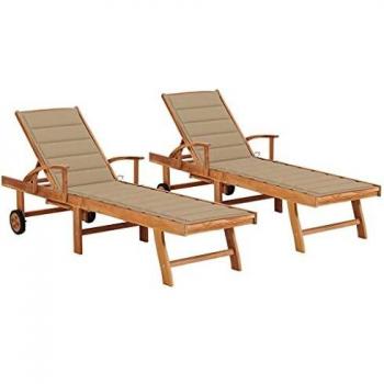 Bain de soleil en teck – Chaises longues 2×coussin, couleur beige