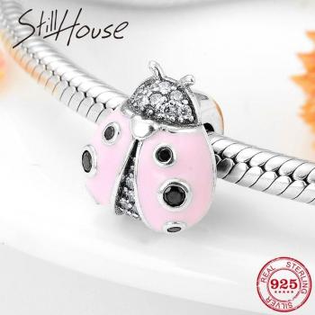 925 Sterling Silver Pink Ladybug Flashing CZ Beads for Bracelets