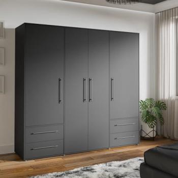 FORTE Kleiderschrank 4‑Tür mit 4 Schubladen – 205 cm breit, Schwarz