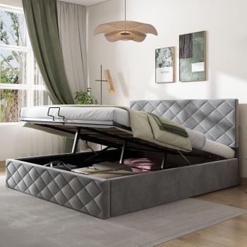 Cama Funcional 140x200cm Somier Hidráulico, Cajón y Cabecero Ajustable en Terciopelo