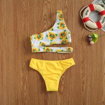 Bikini 2 pièces pour petites filles, imprimé floral, épaules obliques, bretelles creuses, short