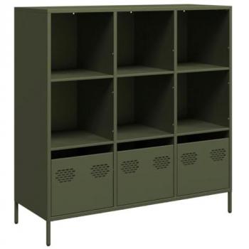 Buffet haut en acier vert olive – armoire à livres moderne 101,5×39×103,5 cm