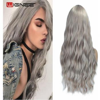 Wignee Heat Resistant Long Wavy Grey Wig
