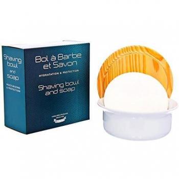 Savon à barbe PLISSON, savon de rasage dans son bol à raser en porcelaine de Limoges avec couvercle en hêtre blanc