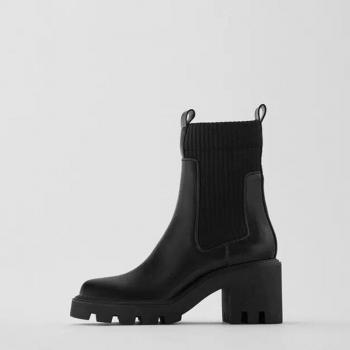 Botas de tacón alto para mujer, estilo calcetín, con fondo grueso y punta redonda, color negro