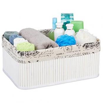 Set de 3 Cestos de Almacenamiento, Tela Retro, Bambú, Rectangulares, 16,5x38x28,5cm, Blanco