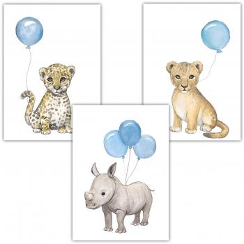 Frechdax® 3er Set Kinderzimmer Poster Baby Bilder DIN A4 | Waldtiere Safari Afrika Tiere Tierposter Luftballon Ballon Farbwahl