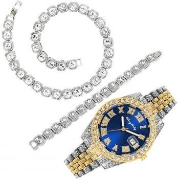 Men's Full Iced Out Watch and Cuban Chain Jewelry Set