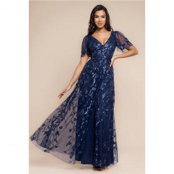 Flared Sleeve Navy Blue Embroidered Maxi – Goddiva Collection