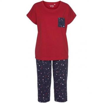 Vivance Dreams Damen Capri-Pyjama, rot & navy, 100% Baumwolle, Größe 36/38