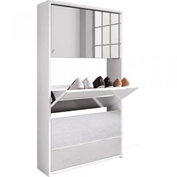 Schuhschrank Stido XL Weiß mit Spiegel und Holzkommode