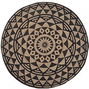 Jute Teppich Rund 120 cm Beige Schwarz Handgewebt mit Orientalischem Muster