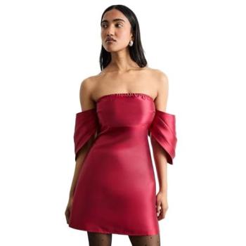 Women's Mini Bardot Dress – Structured Puff Sleeve, Dark Red