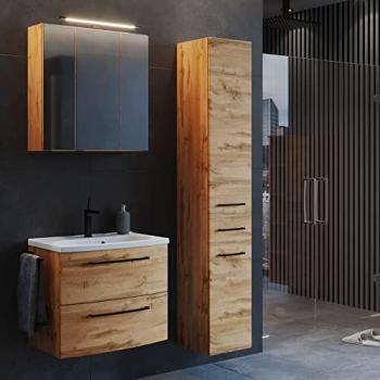 Industrielles Badezimmer Set Wotan Eiche Nb. mit 60 cm Waschtisch, Hochschrank, Waschbecken und Spiegelschrank, B/H/T: ca. 120/200/45 cm