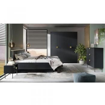 Chambre Design MONDO – Noir et Or – Lit 180x200 + Sommier + Armoire + Commode + 2 Chevets