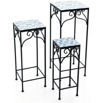 Set de 3 supports pots de fleurs plateau en céramique à motifs mosaïque patin antidérapant porte plante en métal bleu