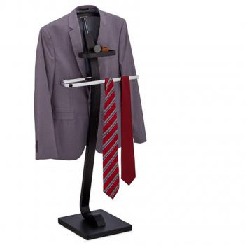 Galán de Noche Relaxdays, con Balda Reloj y Mozo para Chaqueta y Pantalón, 112x46x32 cm, Colgador Traje, Negro y Plateado