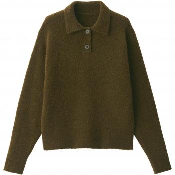 MUJI Womens’ Khaki Green Wool‑Polo with Boucle Texture