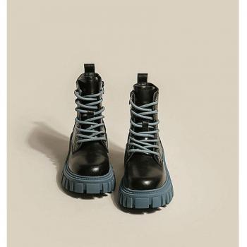 Botas cortas de mujer Martens, media pantorrilla, plataforma de goma, estilo británico, negro y azul, otoño e invierno 2022