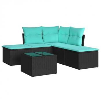 Black Poly Rattan Garden Sofa Group – 6 Pieces + Cushions