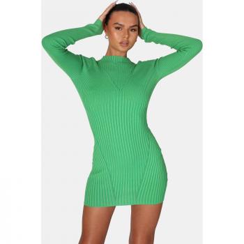Knitted High Neck Long Sleeve Contrast Stitch Mini Dress Green XL