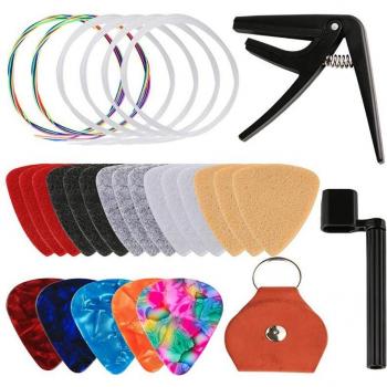Multicolor Ukulele Accessory Set with Felt Picks, Celluloid Picks, Leather Holder, and White Nylon Strings