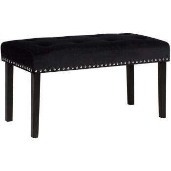 Beliani Velvet Bed Bench, Black, Nailhead Trim, Wooden Legs