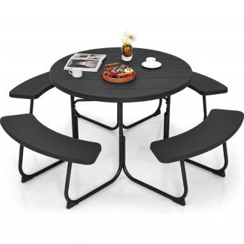 Table de Pique‑Nique Goplus 8 places : 4 bancs intégrés, cadre acier robuste, plateau HDPE noir, parasol intégré – charge maximale 135/225 kg